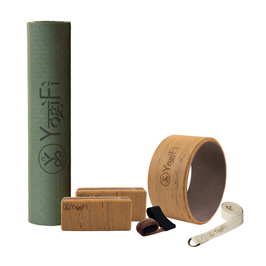 Yoga Mastery Kit 1 | TPE 6 mm Yoga Mat + Mat holder + Yoga Stretching Belt + Big Yoga Wheel + Big Foam Blocks Combo