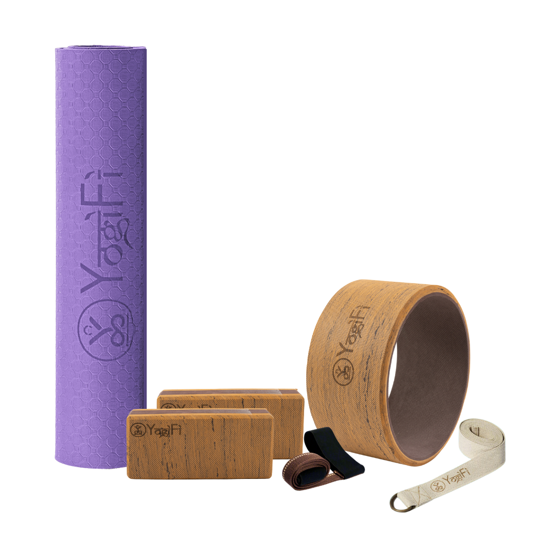 Yoga Mastery Kit 1 | TPE 6 mm Yoga Mat + Mat holder + Yoga Stretching Belt + Big Yoga Wheel + Big Foam Blocks Combo