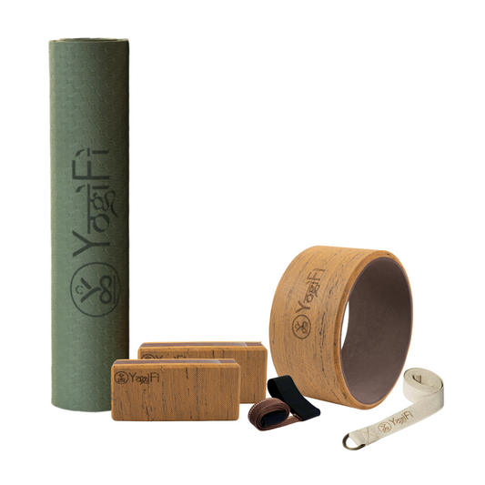 Yoga Mastery Kit 1 | TPE 6 mm Yoga Mat + Mat holder +  Yoga Stretching Belt + Big Yoga Wheel + Big Foam Blocks Combo