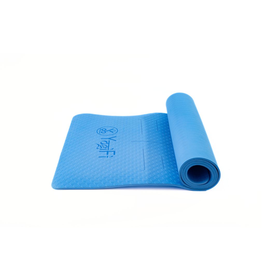 YogiFi Premium 6mm Anti Skid Mat + Mat holder belt | Alignment Lines |  Blue - TPE