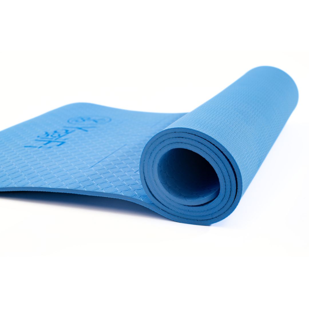 YogiFi Premium 6mm Anti Skid Mat + Mat holder belt | Alignment Lines |  Blue - TPE