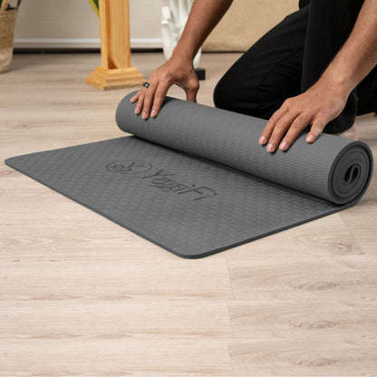 YogiFi Premium 6mm Anti Skid Mat + Mat holder belt | Alignment Lines | Dark Grey - TPE