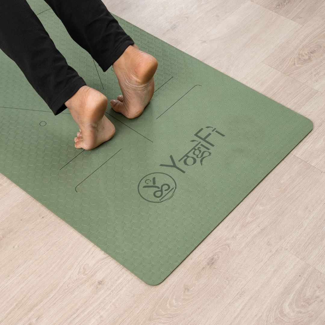 YogiFi Premium 6mm Anti Skid Mat + Mat holder belt | Alignment Lines | Army Green