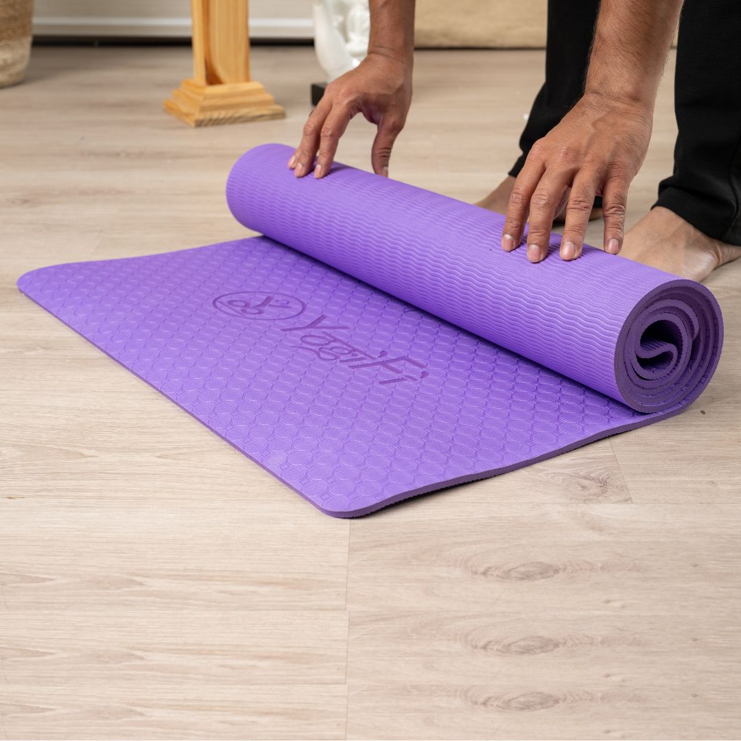 YogiFi Premium 6mm Anti Skid Mat + Mat holder belt | Alignment Lines | Purple - TPE