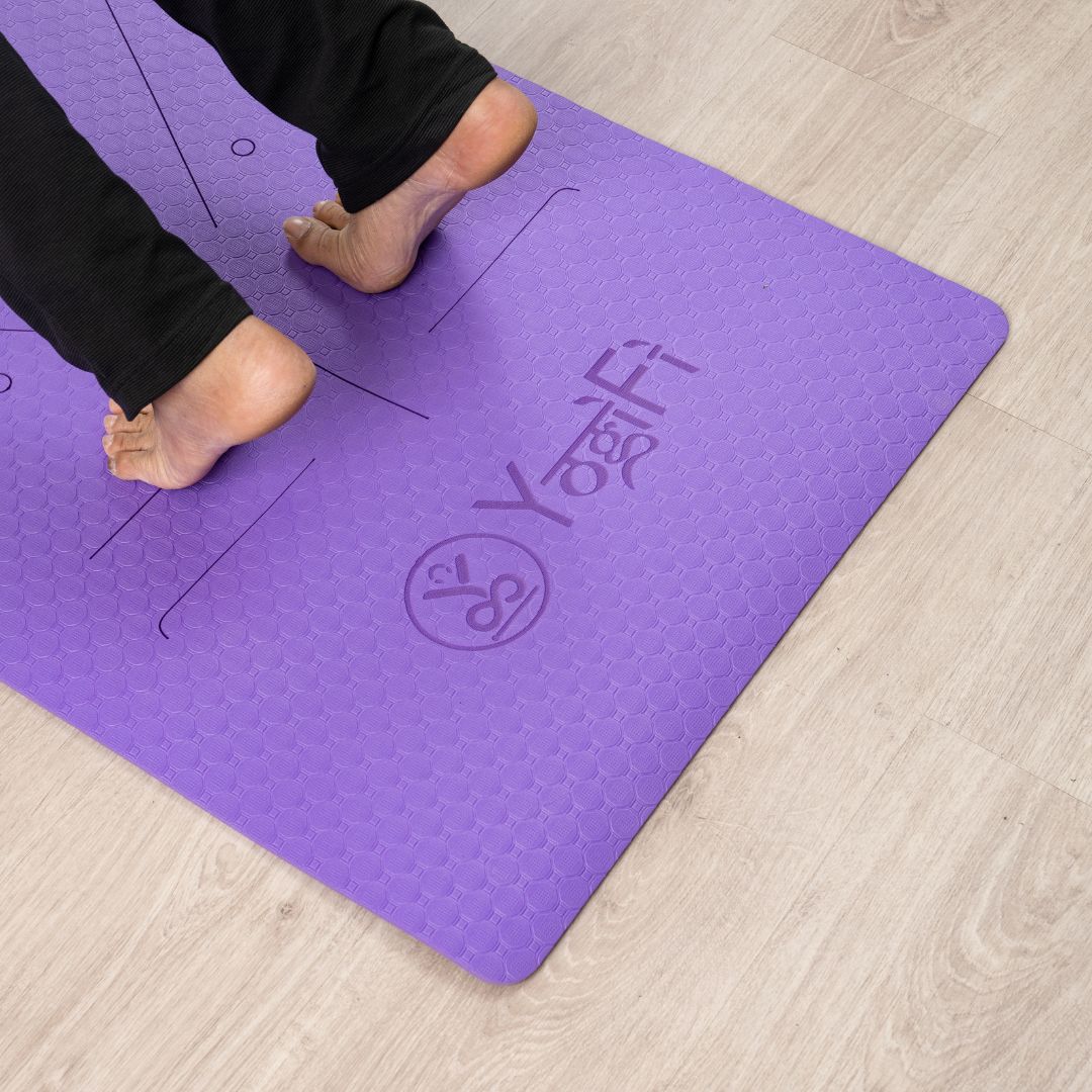 YogiFi Premium 6mm Anti Skid Mat + Mat holder belt | Alignment Lines | Purple - TPE