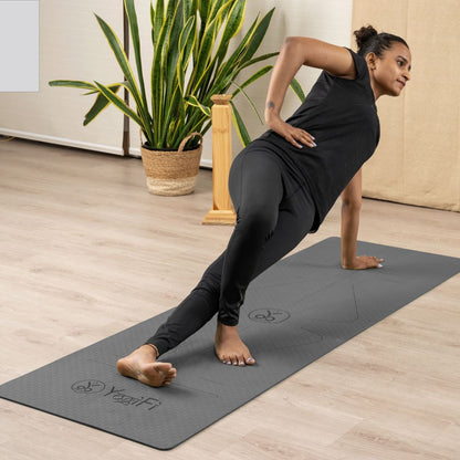 YogiFi Premium 6mm Anti Skid Mat + Mat holder belt | Alignment Lines | Dark Grey - TPE