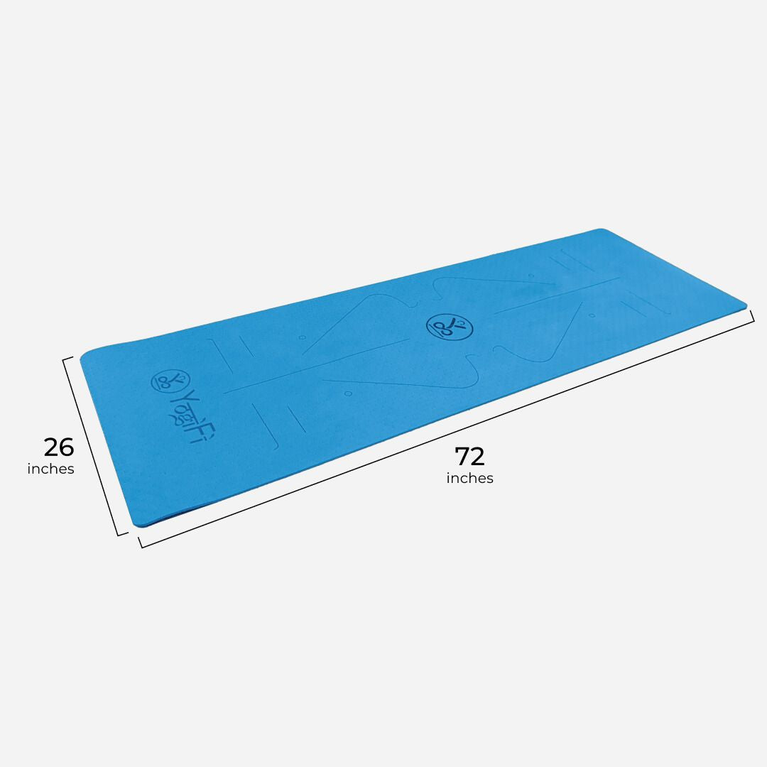 YogiFi Premium 6mm Anti Skid Mat + Mat holder belt | Alignment Lines |  Blue - TPE