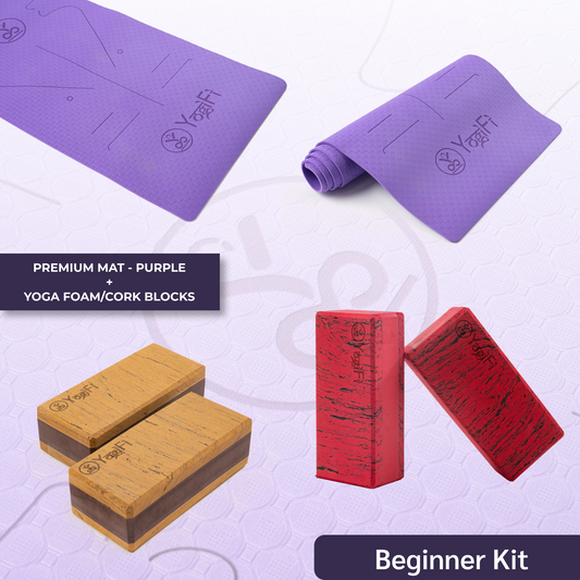 Beginner Yoga Kit | Purple Mat + Foam or Cork Blocks