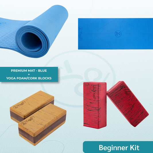 Beginner Yoga Kit | Blue Mat + Foam or Cork Yoga Blocks