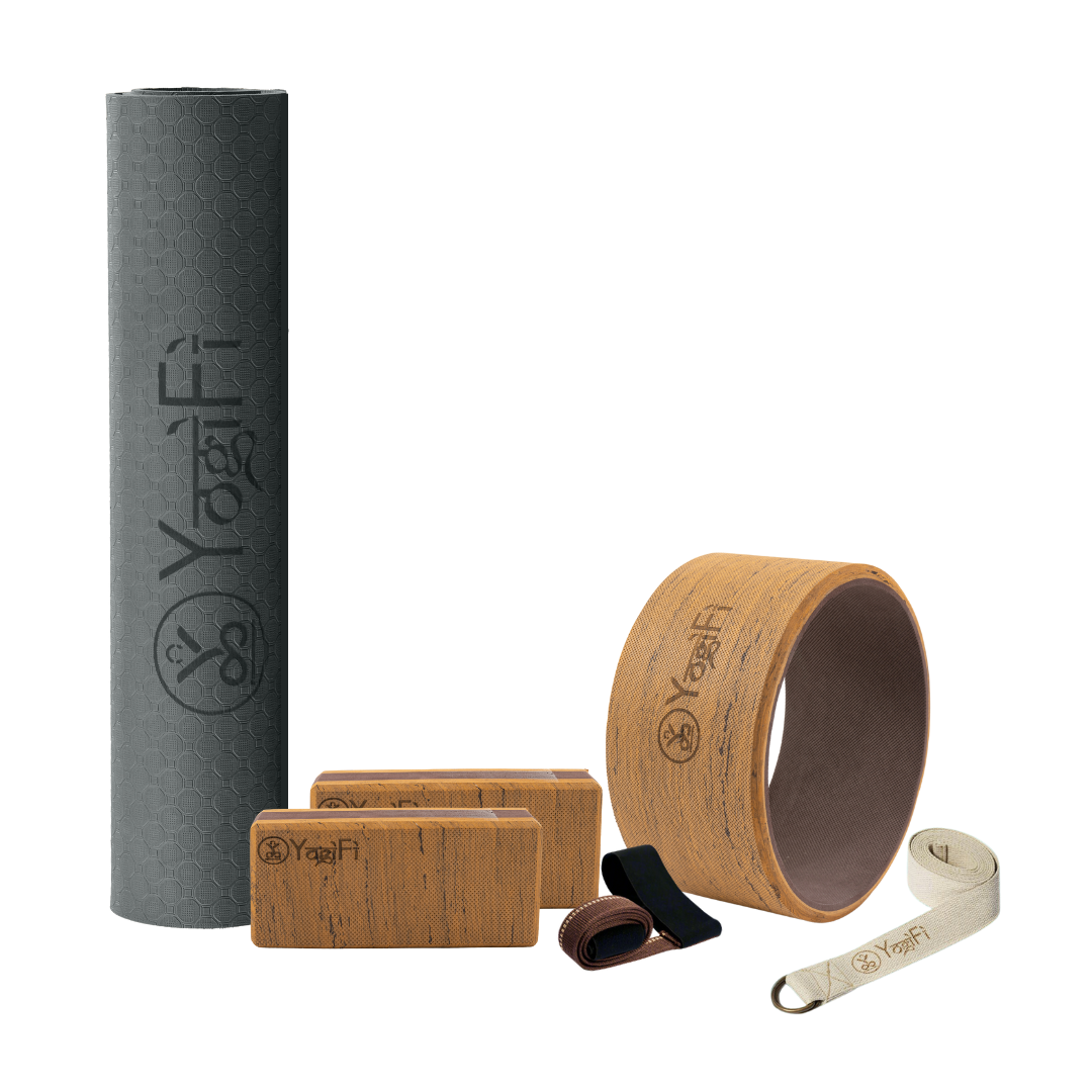 Yoga Mastery Kit 1 | TPE 6 mm Yoga Mat + Mat holder +  Yoga Stretching Belt + Big Yoga Wheel + Big Foam Blocks Combo