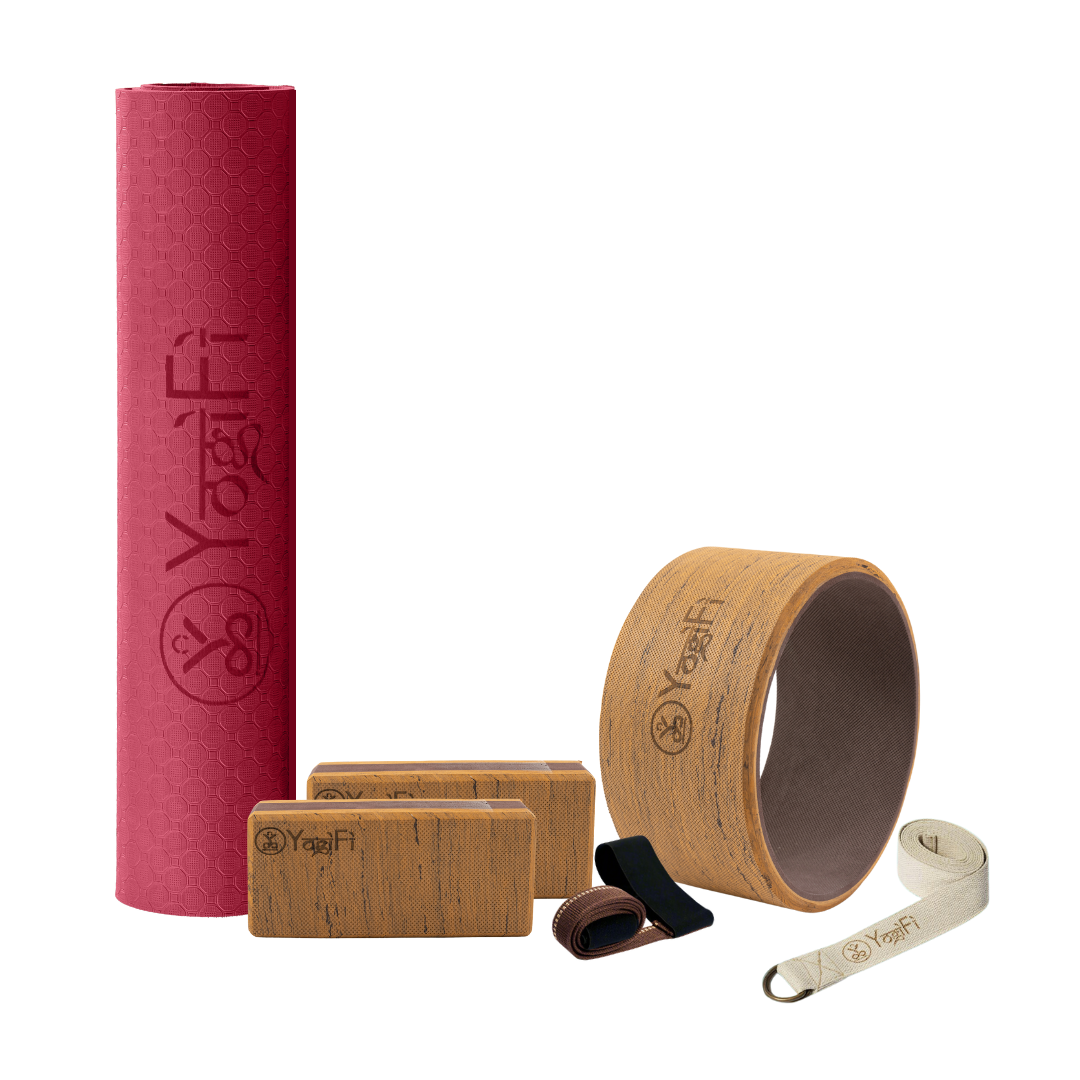 Yoga Mastery Kit 1 | TPE 6 mm Yoga Mat + Mat holder +  Yoga Stretching Belt + Big Yoga Wheel + Big Foam Blocks Combo