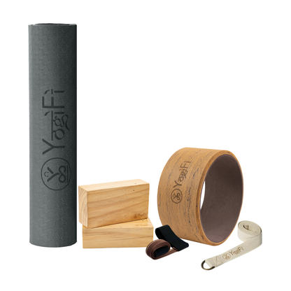 Yoga Mastery Kit 2 | TPE 6 mm Yoga Mat + Mat holder +  Yoga Stretching Belt + Big Yoga Wheel + Big Wooden Blocks