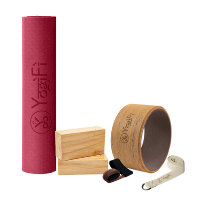 Yoga Mastery Kit 2 | TPE 6 mm Yoga Mat + Mat holder +  Yoga Stretching Belt + Big Yoga Wheel + Big Wooden Blocks