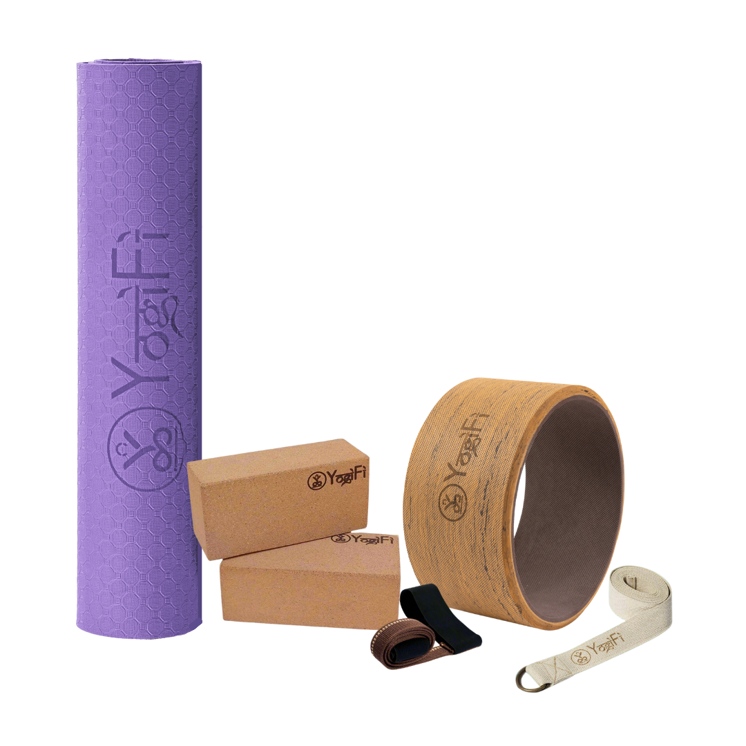 Yoga Mastery Kit 3 | TPE 6 mm Yoga Mat + Mat holder +  Yoga Stretching Belt + Big Yoga Wheel + Big Cork Blocks Combo