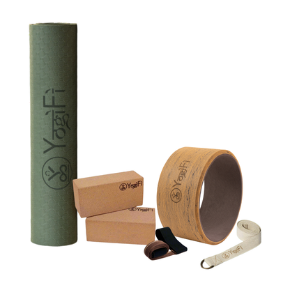 Yoga Mastery Kit 3 | TPE 6 mm Yoga Mat + Mat holder +  Yoga Stretching Belt + Big Yoga Wheel + Big Cork Blocks Combo