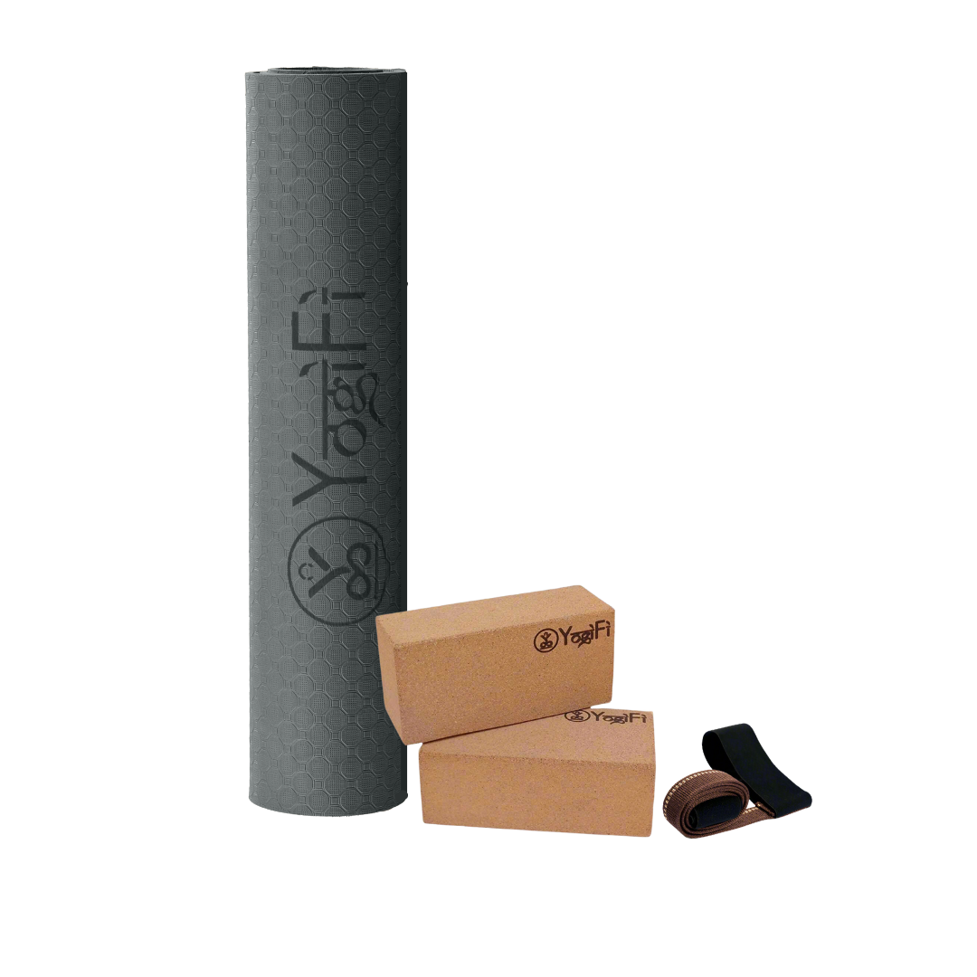 Beginner Stretch Kit 3 | TPE 6 mm Yoga Mat + Mat holder + Big Cork Blocks