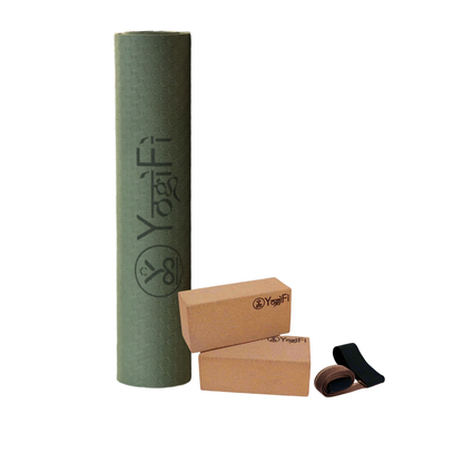 Beginner Stretch Kit 3 | TPE 6 mm Yoga Mat + Mat holder + Big Cork Blocks