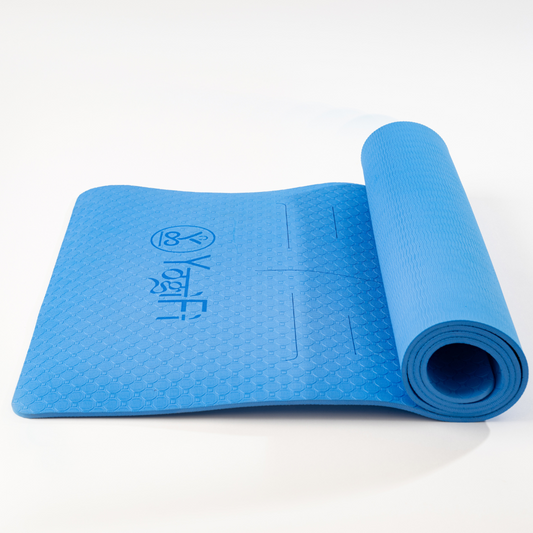 YogiFi Premium 6mm Anti Skid Mat | Alignment Lines | for Home Gym & Outdoor Workout for Men & Women, Easy to Roll, TPE+EVA Material (Blue)